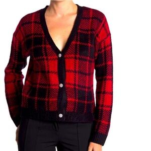 NWT Kikit Racing Red Plaid Rhinestone Button V-Neck Cardigan Sweater